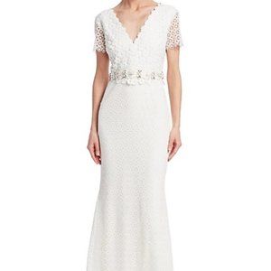 Badgley Mischka Embellished-Belt Floral Lace Gown